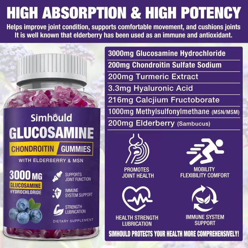 Simhould Glucosamine Chondroitin Gummies - 3000MG Extra Strength Joint Support Supplement with MSM & Elderberry, Flexibility, Antioxidant Immune Support Gummy for Adults, Men & Women