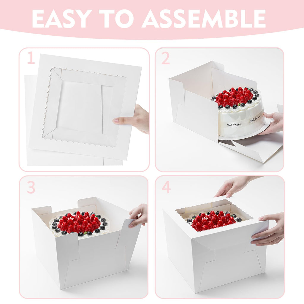 Vorfre 3 Pack Cake Boxes, 10x10x8 Inches Tall Cake Box with Cake Boards, White Bakery Boxes with Window, Disposable Cake Containers with Lids for Cake, Donuts, Pies, Cookies, Wedding, Birthday, Party