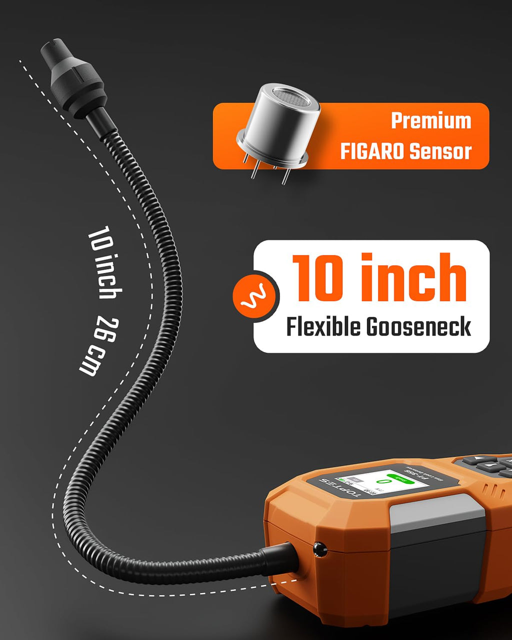 TopTes PT-356 Rechargeable Natural Gas Detector with 10 inch Goose Neck, Detection Range 0-20% LEL, 3 Alarm System Gas Leak Detector with 2 Display Modes for Methane, Butane at Home or Industry