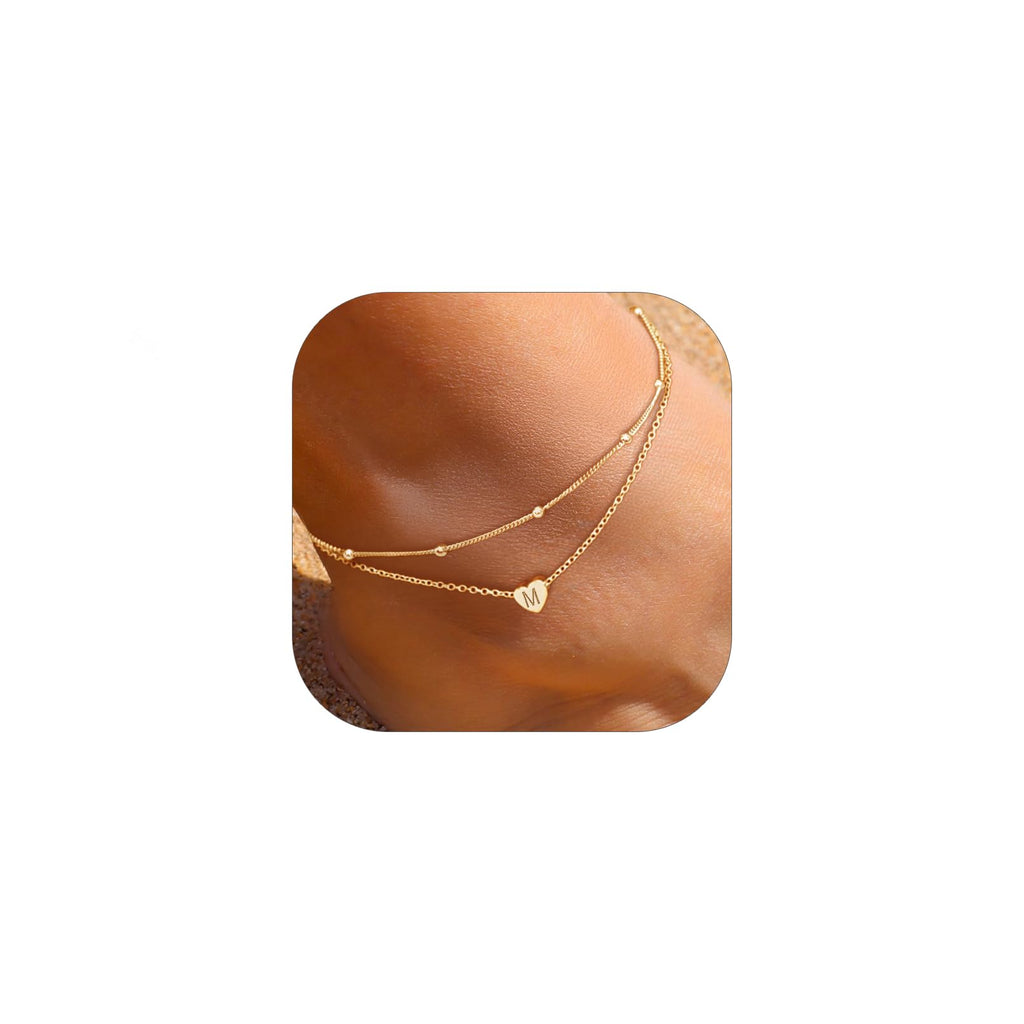 ChicSilver Gold Ankle Bracelets for Women Waterproof 14k Gold Anklets for Women Dainty Heart Layered Initial Anklet With Letter M