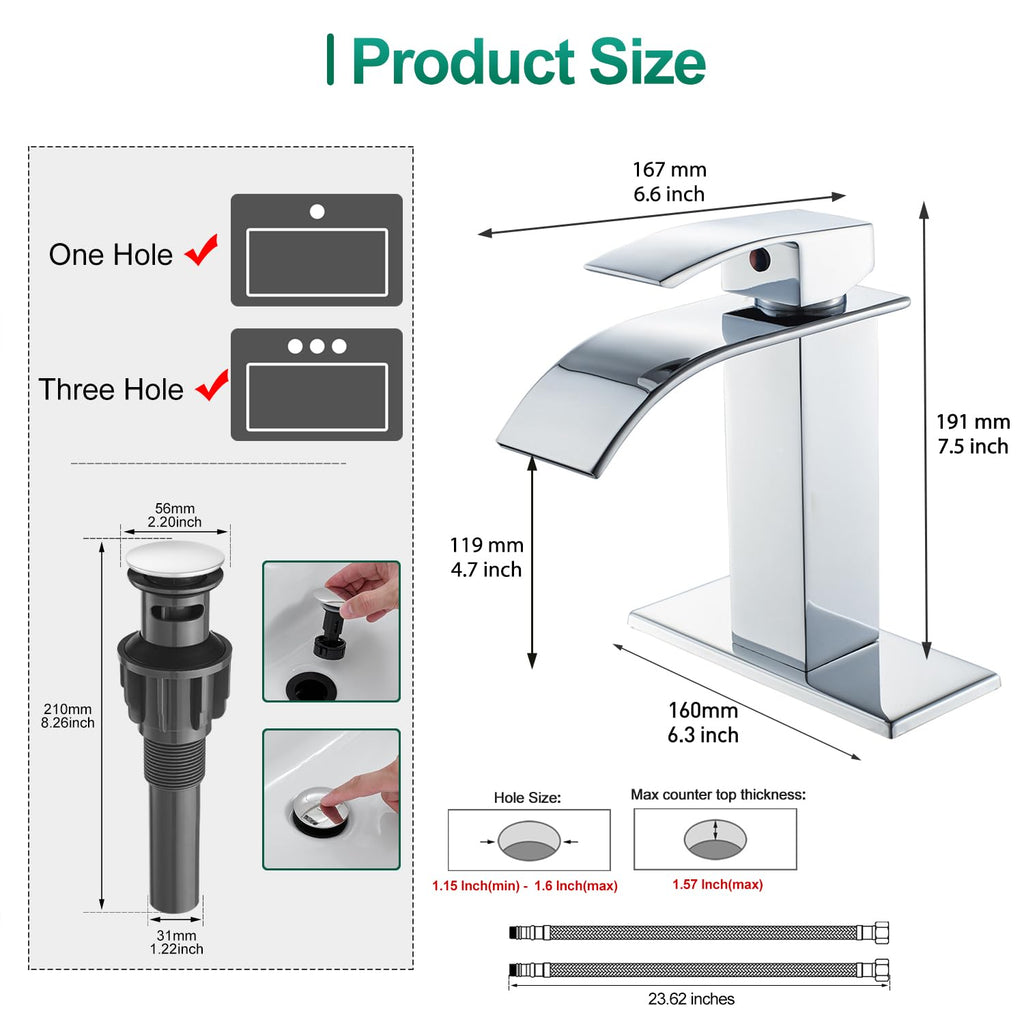 VOTON Chrome Bathroom Faucets Waterfall Bathroom Sink Faucet Modern Single Handle Bathroom Faucet for 1 or 3 Holes with Deck Plate and Pop-Up Drain, Rv Sink Camper Farmhouse Bathroom Faucet