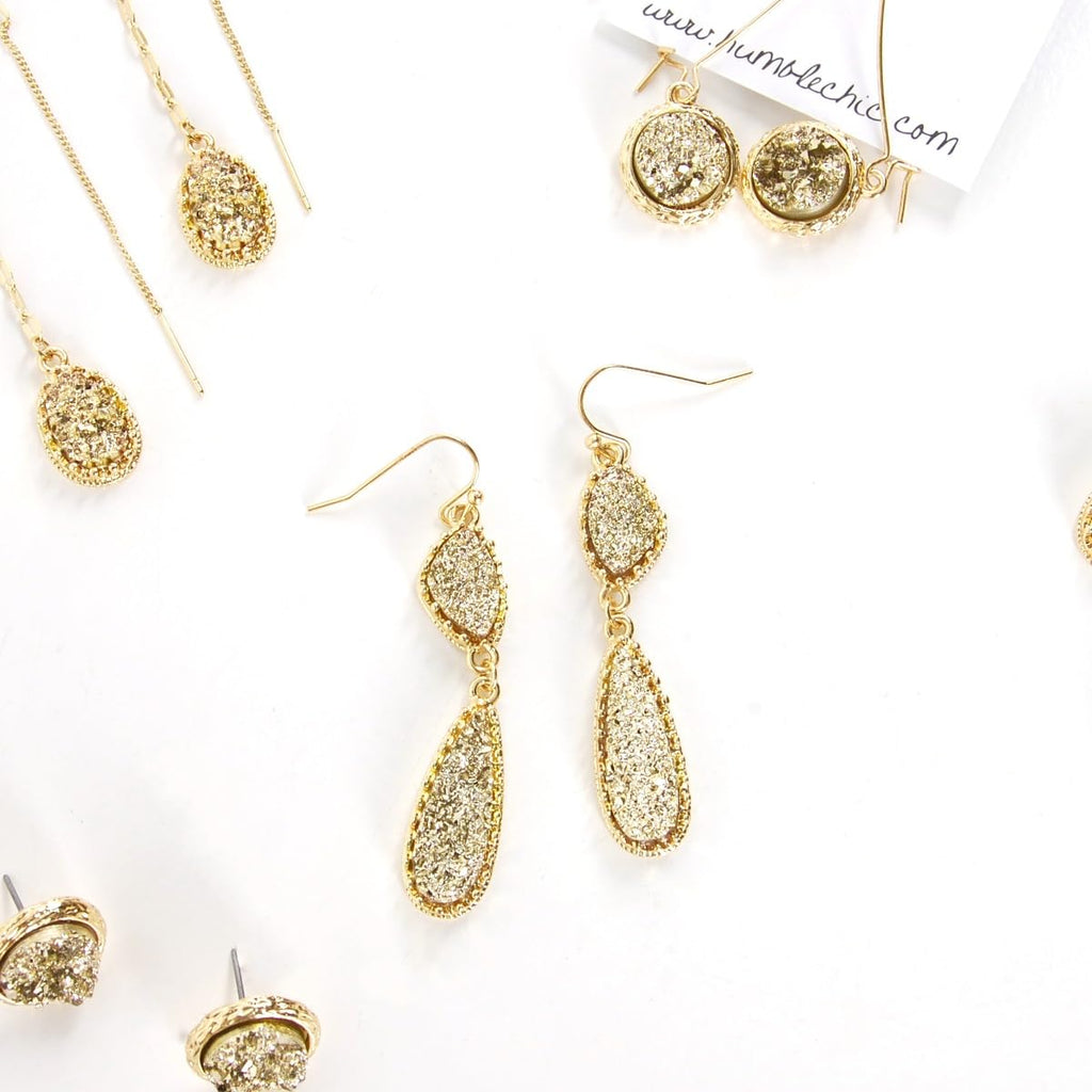 Gold Tone Earrings for Women Dangle - Faux Druzy Long Double Tear Drops
