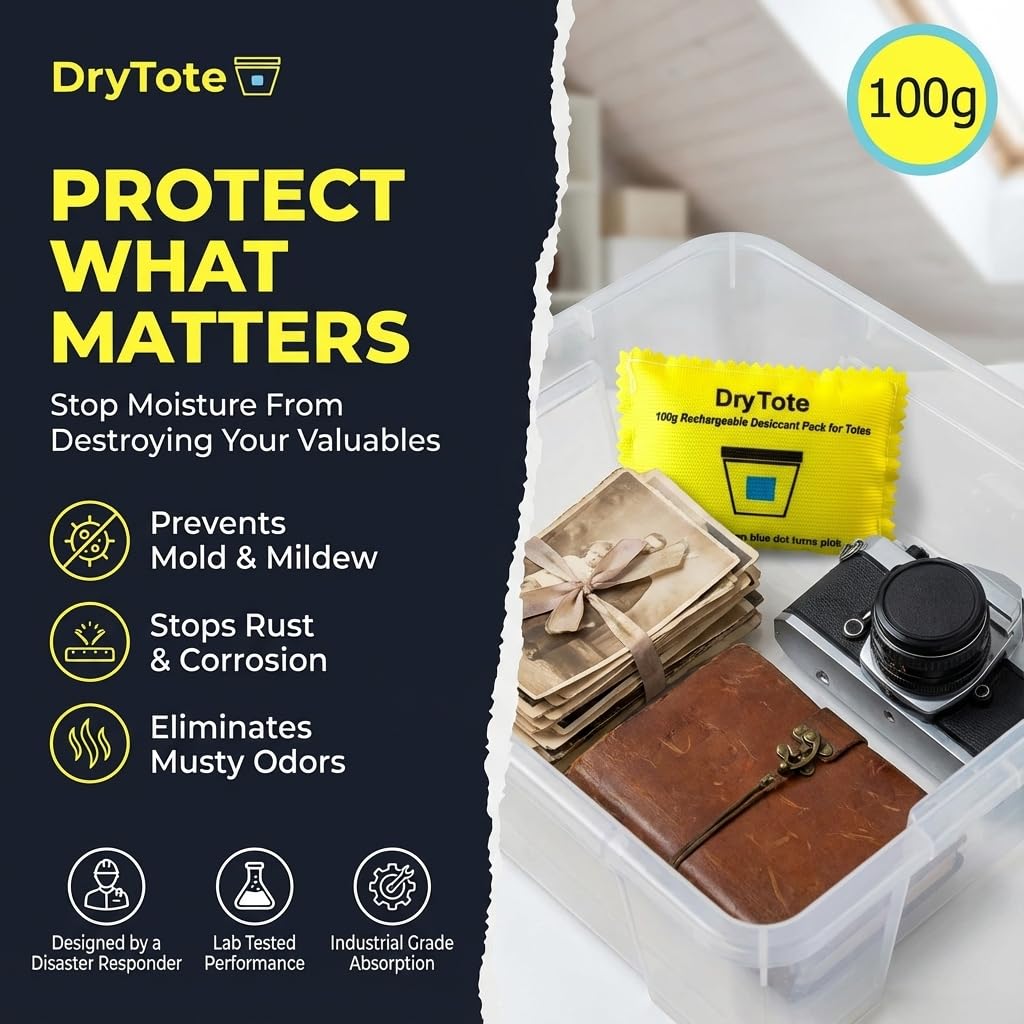 DryTote Rechargeable Desiccant Pack (10 Pack), Ultimate Moisture Absorption, Color Change Indicator, Safe Storage Protection, Large Capacity 200 Gallons, 100g, Yellow