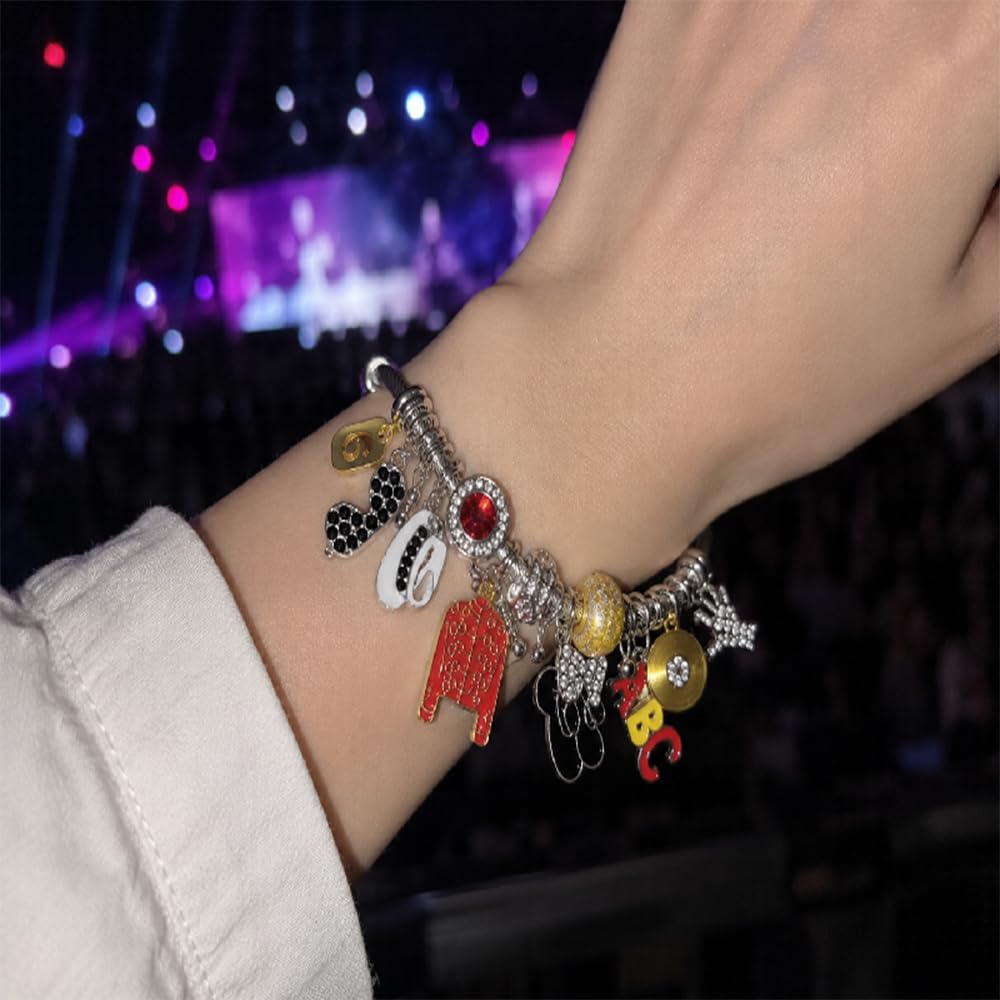 PINPCOO Adjustable Retro Music Legend Bracelet with Red Jacket Hat Glove ABC Charms, Fan Birthday Memorial Gift