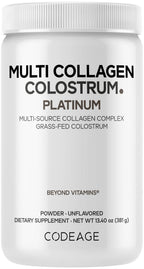 Codeage Multi Collagen Colostrum Powder Platinum - Hydrolyzed Grass-Fed Bovine Collagen Peptides, Grass-Fed Bovine Colostrum Supplement, Vitamin C, Biotin, Hyaluronic Acid, Lactoferrin - 13.4 Oz.