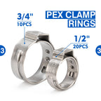 iCrimp PEX Crimping Tool Kit for 3/8-in, 1/2-in, 3/4-in, 1-in PEX Clamp Cinch & Removal, c/w 1/2''(20 Pack) and 3/4''(10 Pack) PEX Clamp Rings, PEX Tubing Cutter