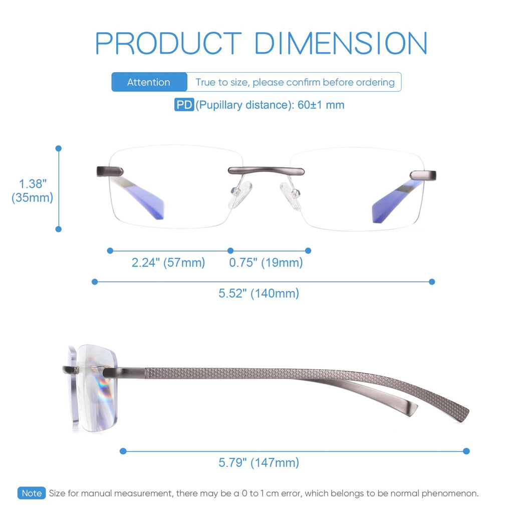 Missfive Premium Aluminum Progressive Multifocus Reading Glasses Men Blue Light Blocking, No-Line Spring Hinge Rimless Office Multifocal Metal Readers,1.25x-2.5x on A Lens for Near Range, Gunmetal