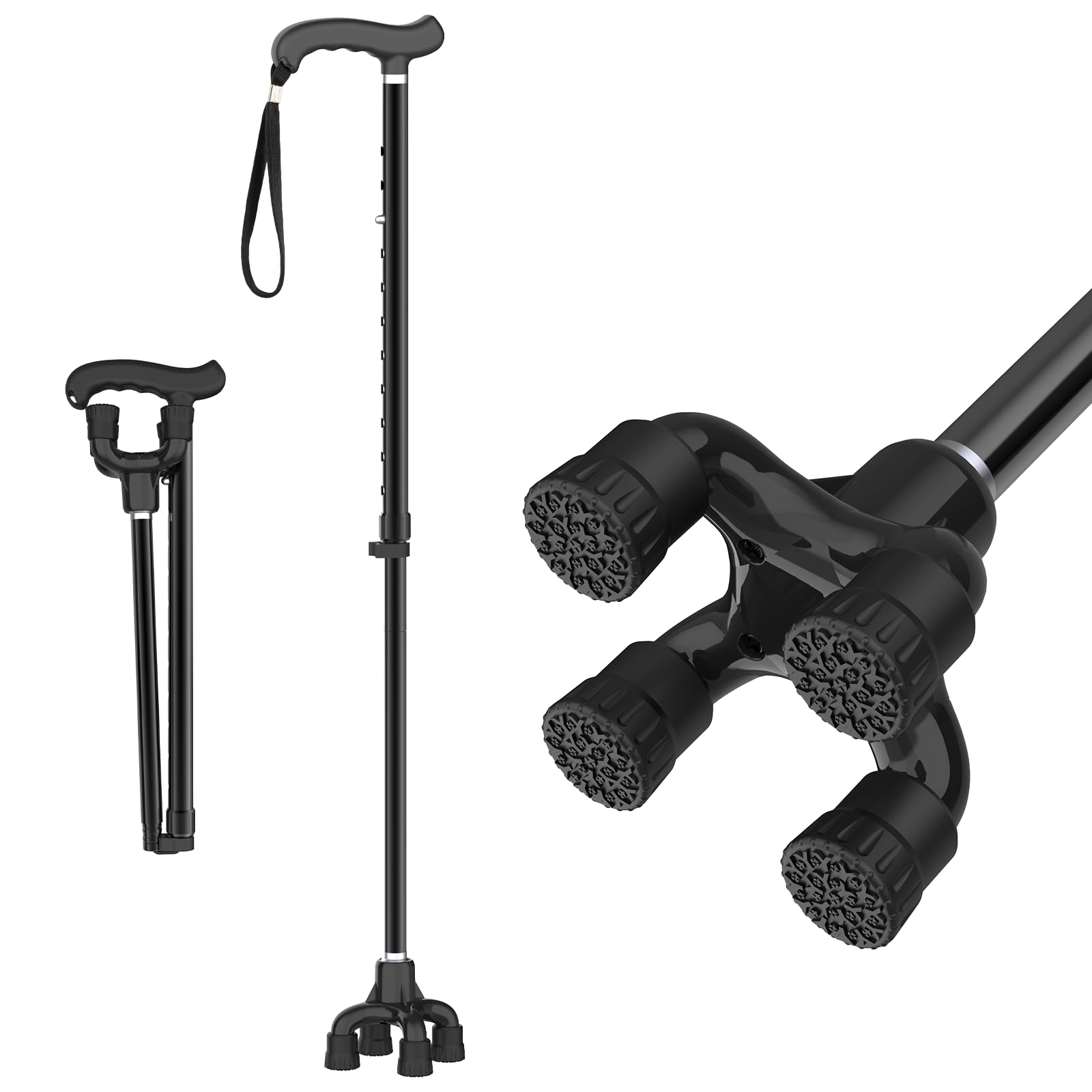 Folding Walking Stick For Women & Men, Walking Cane with 4 Feet, Pivot Tip, Self Standing,Heavy Duty,Adjustable Foldable Walking Stick, Collapsible Walking Sticks For Men & Ladies