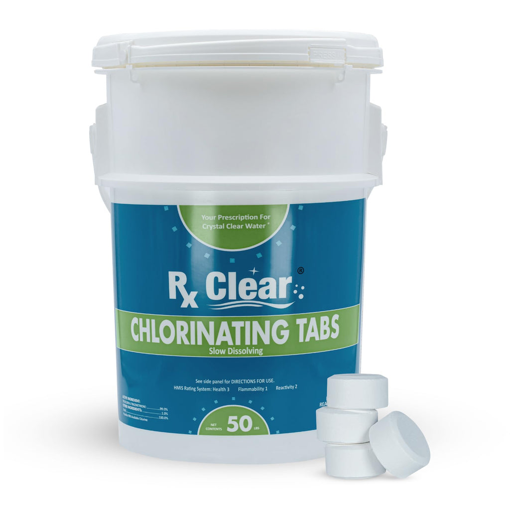 Rx Clear 1" Inch Chlorine Tabs | 50 Pounds | Use Tablets as Bactericide, Algaecide, & Disinfectant in Swimming Pools | Stabilized, Long Lasting, Slow Dissolving, & UV Protected