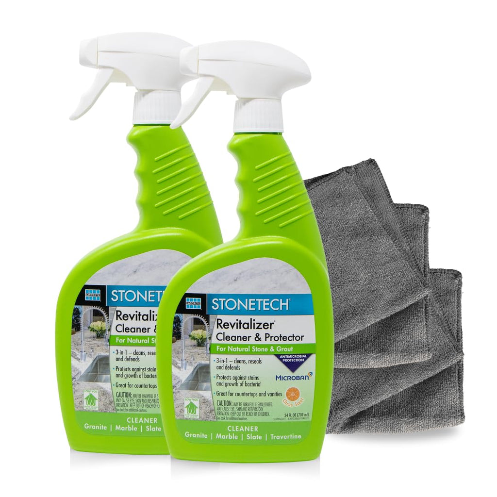 StoneTech Revitalizer Cleaner and Protector | Natural Stone Cleaner | Marble, Quartz, Granite Countertop Cleaner | 3-in-1 Cleans and Reseals | 2-Pack 24 oz Spray + Microfibers, Citrus Scent