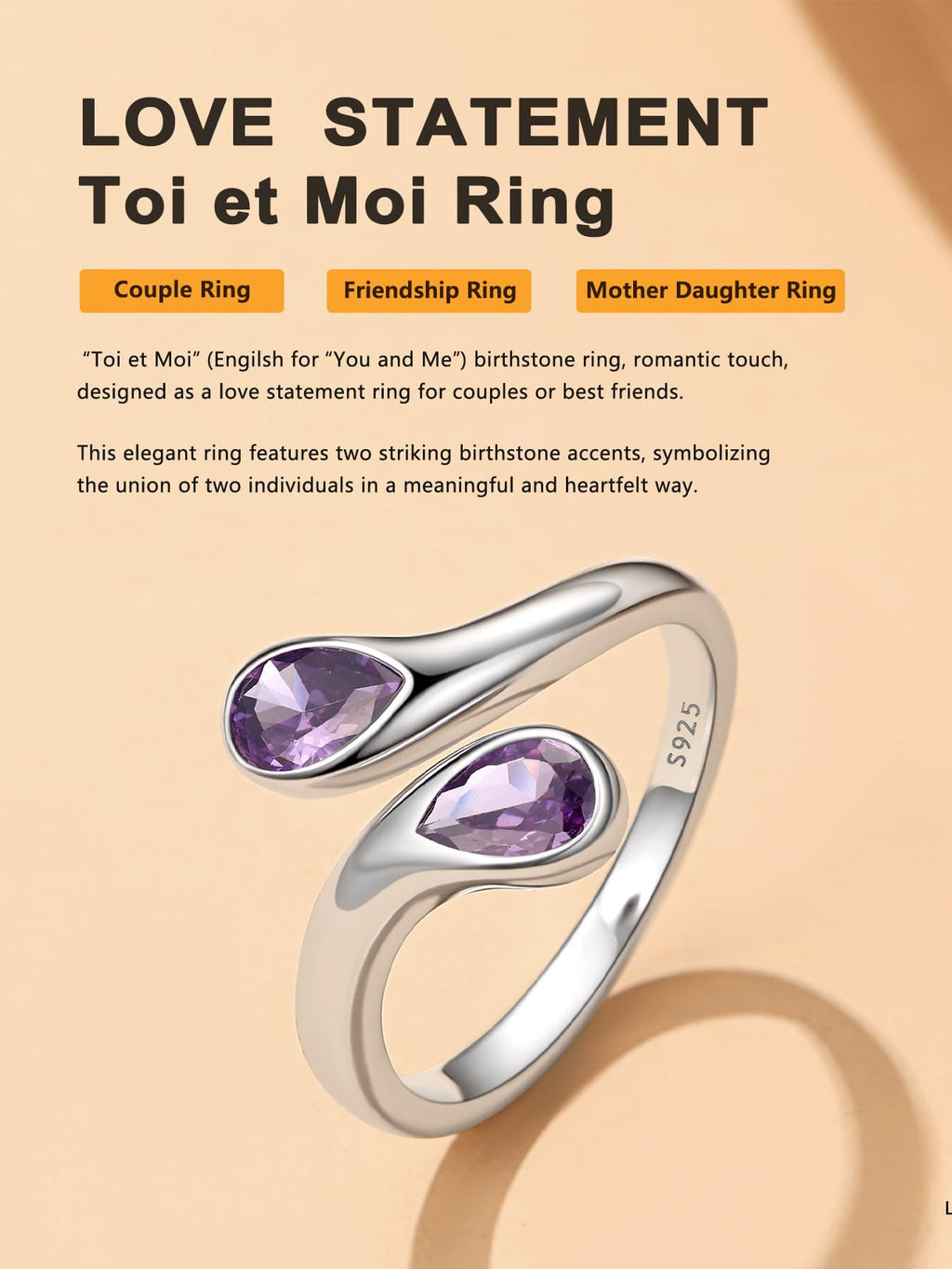 Bestyle June Birthstone Ring for Women, Silver Alexandrite Ring Two Purple Gemstone Teardrop Ring, TOI et Moi Ring Love Promise Rings BFF Ring for, Christmas Valentine's Day Birthday Gifts