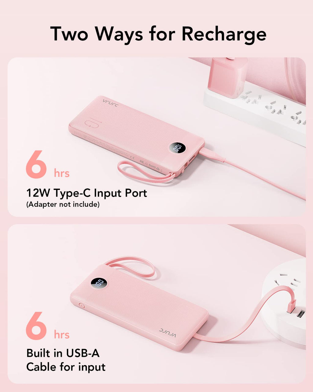 VRURC Portable Charger, Slim Power Bank Built-in 4 Cables, Travel Essential