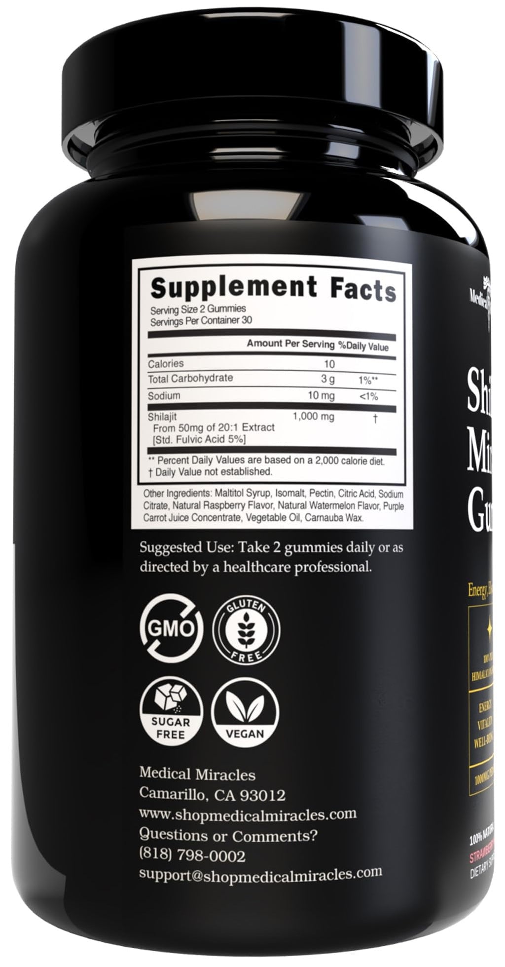 Medical Miracles Shilajit Sugar Free Energy Gummies 1000mg, Himalayan Mineral Complex with Fulvic Compounds, Vegan Chewable Supplement in Raspberry Watermelon Blend, 60 Count