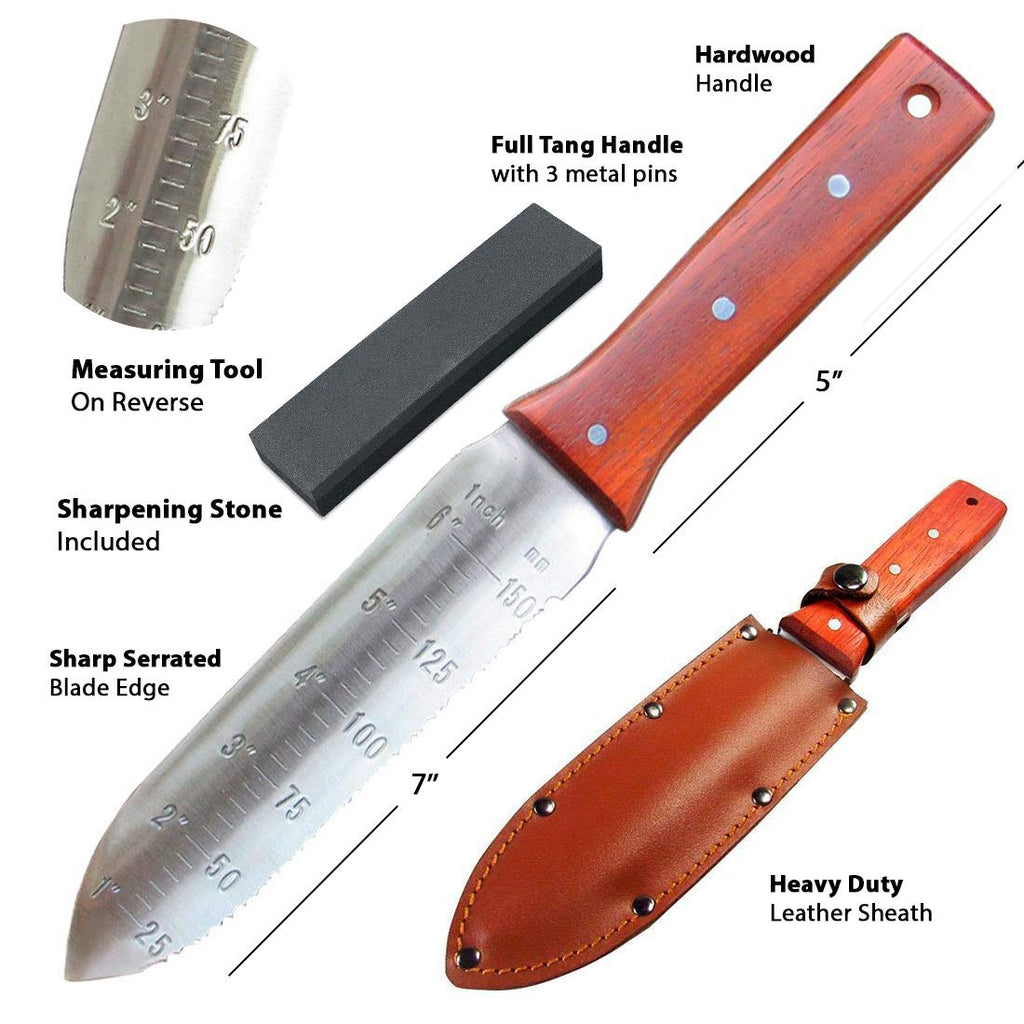 Black Iron Hori Hori Garden Knife [7 Inches, Japanese Stainless Steel] Durable Gardening Tool for Weeding, Digging, Cutting & Planting with Leather Sheath and Sharpening Stone