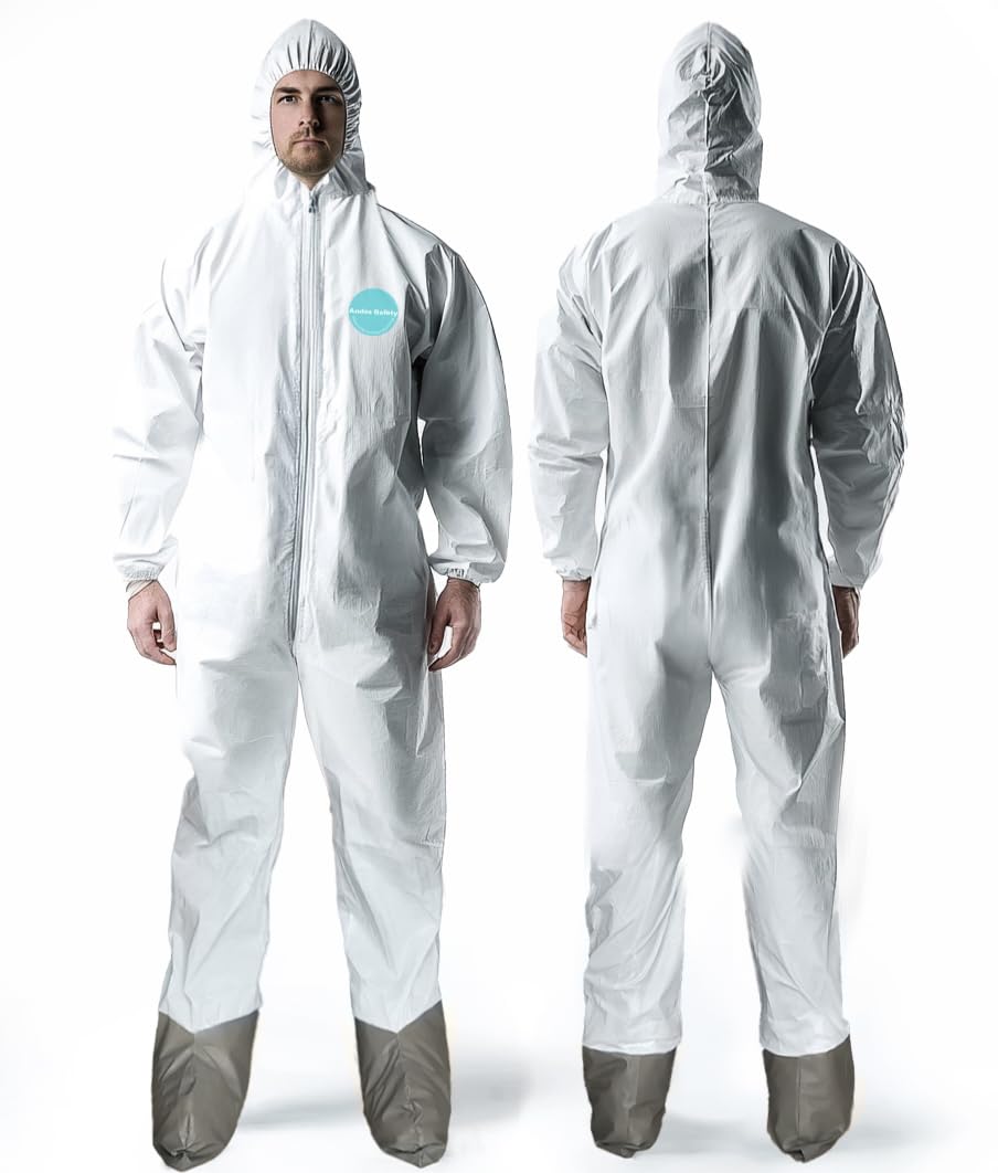 Andes Hazmat Suits, Protective Coveralls with Attached Boots, Heavy Duty Full Body Disposable Painters Suits, Lab Coveralls (25, Large)