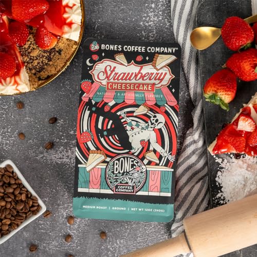 Bones Coffee Company Strawberry Cheesecake Flavored Coffee Beans, Whole Bean Coffee Medium Roast Low Acid, Strawberry Cheesecake Flavor (12 oz)