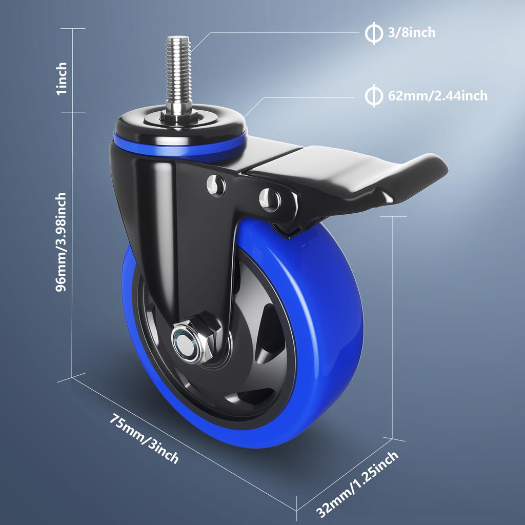 3 Inch Swivel Stem Caster Wheels Heavy Duty Threaded Stem Mount Casters Set of 4 with American Size UNC 3/8"-16 x 1