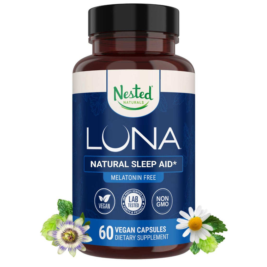 Nested Naturals Luna Melatonin-Free Sleep Supplement - Non-Habit Forming Herbal Sleep Supplement, Adult Bedtime Support, Help Sleeping w/Chamomile, Valerian, L-Theanine - 60 Vegan Capsules