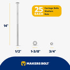 1/2" x 14" (25 Pack) Galvanized Carriage Bolt Kit Grade 307A Includes 1/2" USS Flat Washers (25 pcs) and 1/2"-13 Hex Nuts (25 pcs), Hot Dip Galvanized for Exterior Use by Makers Bolt