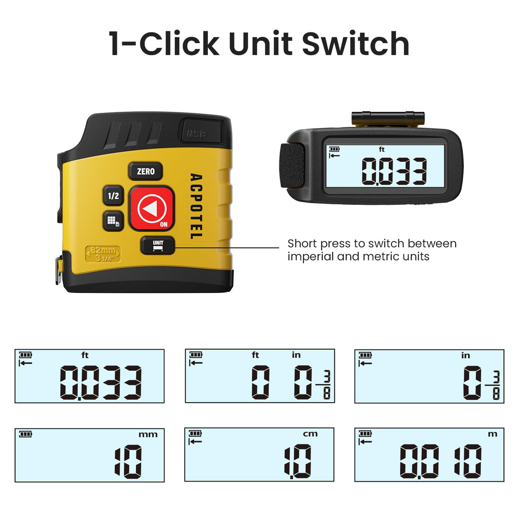 ACPOTEL Digital Tape Measure 16ft, LCD Display, 6 Metric & Imperial Units