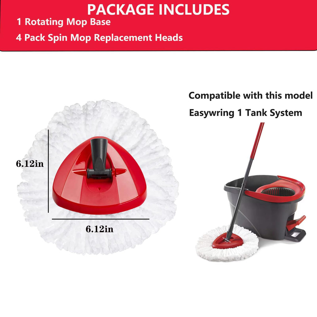 FOOKCIAN Spin Mop Replacement Set - 4 Microfiber Heads, Base, 30-58'' Handle Compatible with OCedar EasyWring - White (1 Can System)