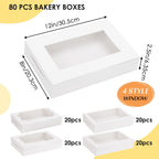 TOMNK 80pcs Cookie Boxes with Window, 12x8x2.5 Inches 4 Style Bakery Boxes, Large White Treat Containers for Chocolate Strawberries, Cakes, Donuts, Muffins and Pastries