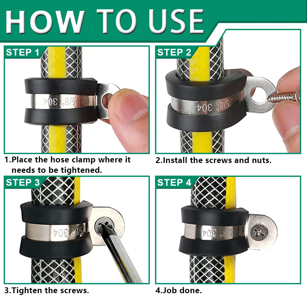OURU 110PCS Cable Clamps Assortment Kit,10 Sizes—1/4" 5/16" 3/8" 1/2" 5/8" 3/4" 1" 1-1/4" 1-1/2" 1-3/4" Stainless Steel Rubber Coated Cushioned Insulated Cable Clamp,Automotive Wire Pipe Clamps
