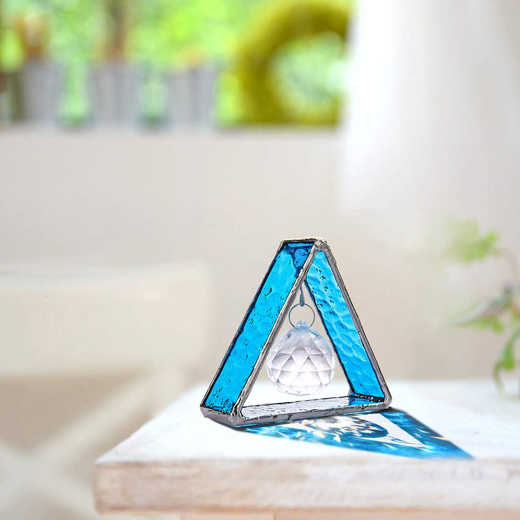 Blue Stained Glass Pyramid Suncatcher Hanging Ornament Window Decor