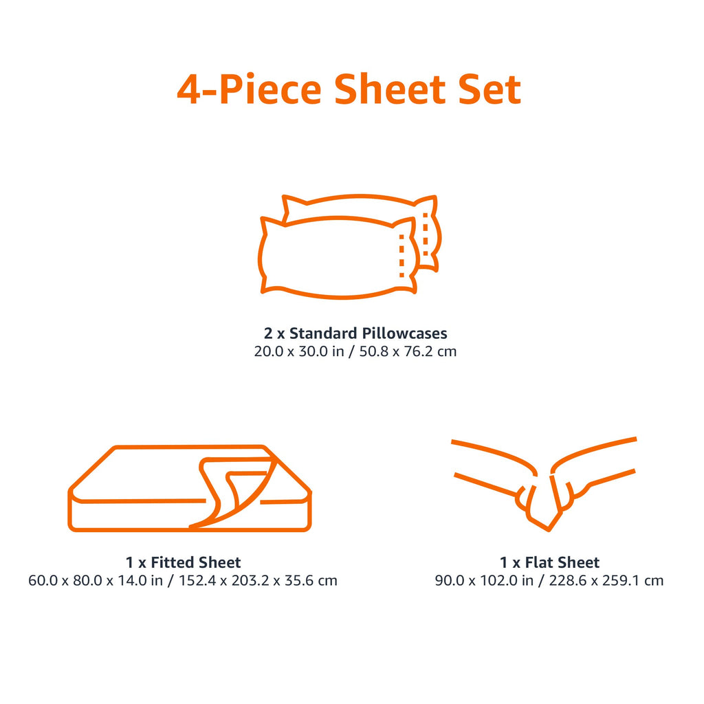 Amazon Basics Lightweight Super Soft Breathable Wrinkle-Resistant Microfiber 4-Piece Bed Sheet Set with 14-Inch Deep Pockets, Queen, Bright White, Solid