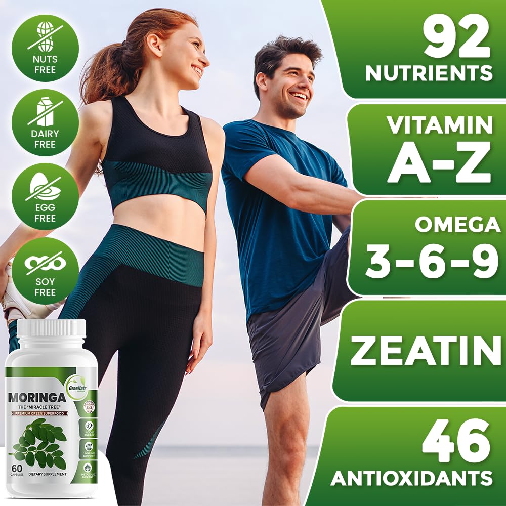 GreeNatr Pure Moringa Oleifera Leaf Extract Veggie Capsules 1000 mg. Natural Herbal Supplement. Energy, Mood, Memory and Focus Support. Premium Green Superfood (3 Bottles)
