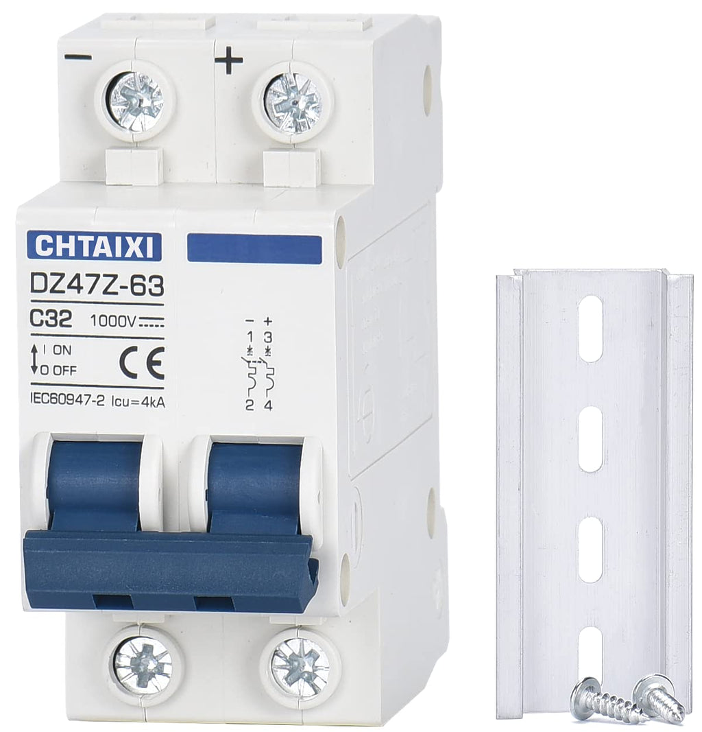 CHTAIXI DC Miniature Circuit Breaker, 2 Pole 1000V 32 Amp Isolator for Solar PV System, Thermal Magnetic Trip, DIN Rail Mount, Chtaixi DC Disconnect Switch C32
