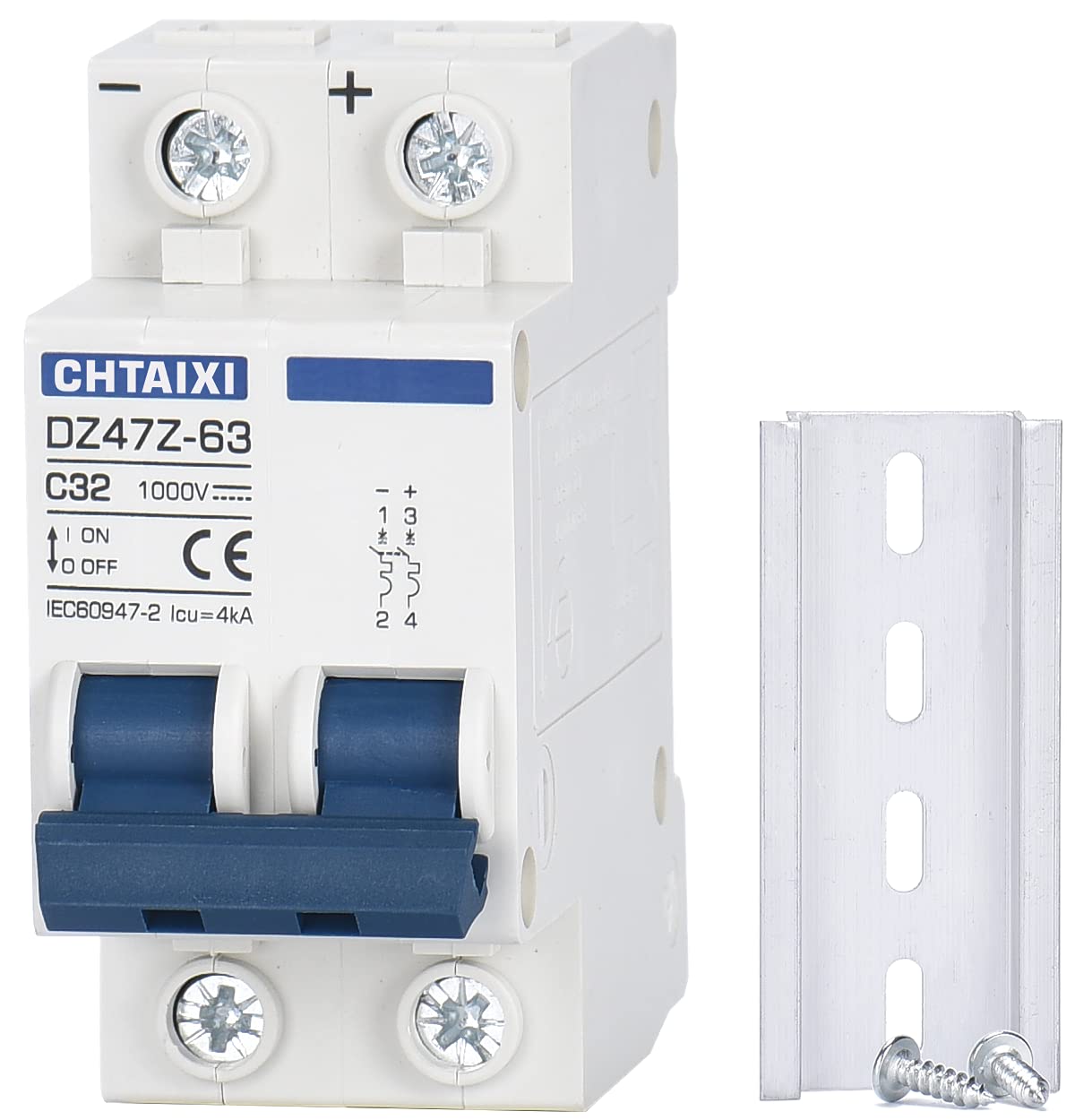 CHTAIXI DC Miniature Circuit Breaker, 2 Pole 1000V 32 Amp Isolator for Solar PV System, Thermal Magnetic Trip, DIN Rail Mount, Chtaixi DC Disconnect Switch C32