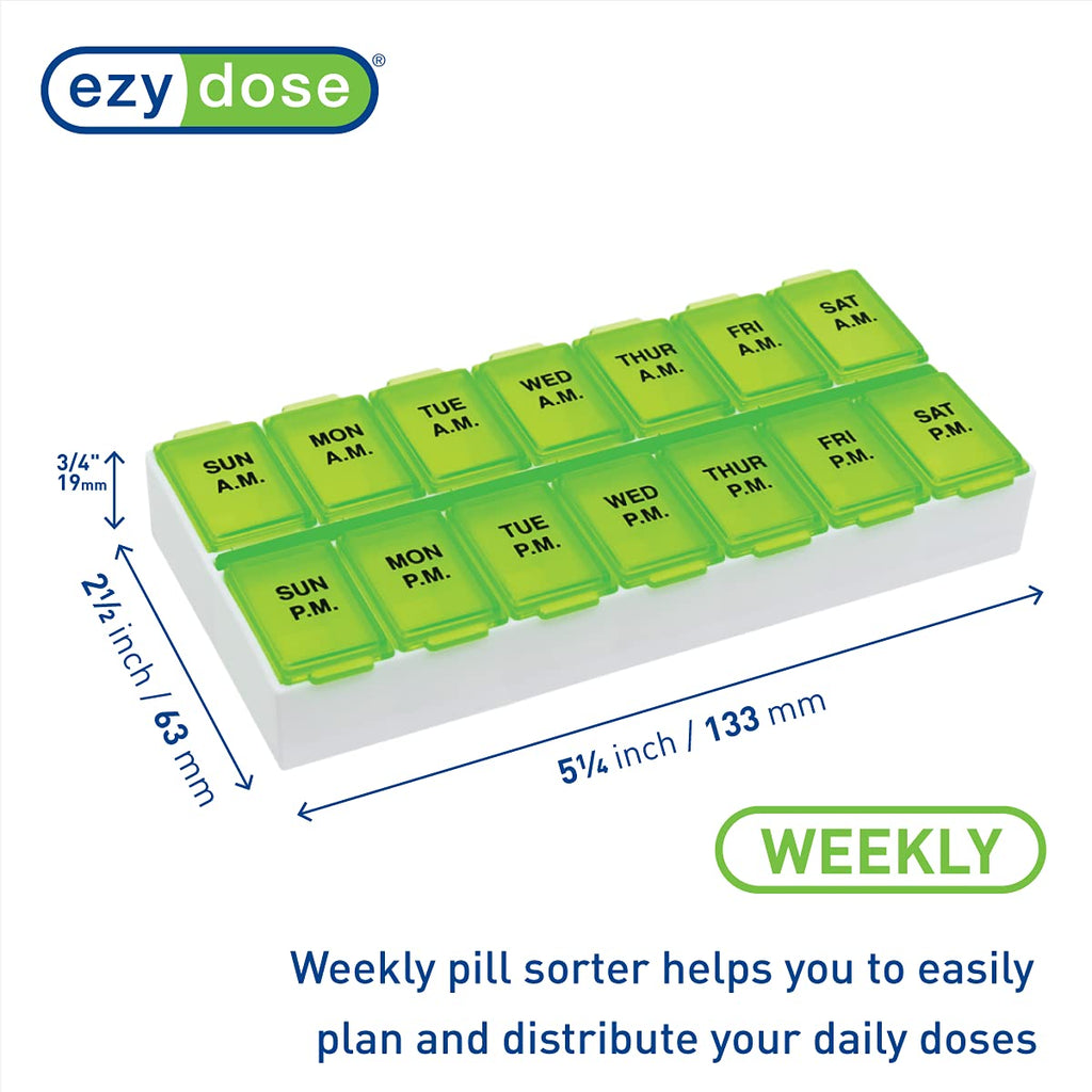 EZY DOSE Weekly (7-Day) AM/PM Daily Pill Case, Medicine Planner, Vitamin Organizer, Fish Oil Holder, Supplements Container, Medium Compartments, 2 Times a Day, Color May Vary, BPA Free (Pack of 3)