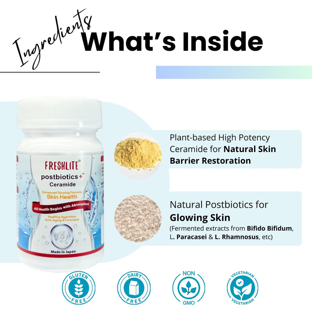 FRESHLITE Japanese Clear Skin Ceramide Supplement – Plant-Based Ceramide & Postbiotics for Hydration, Barrier & Elasticity – Helps Reduce Acne & Irritation – Non-GMO, Gluten-Free, 60 Vegan Capsules