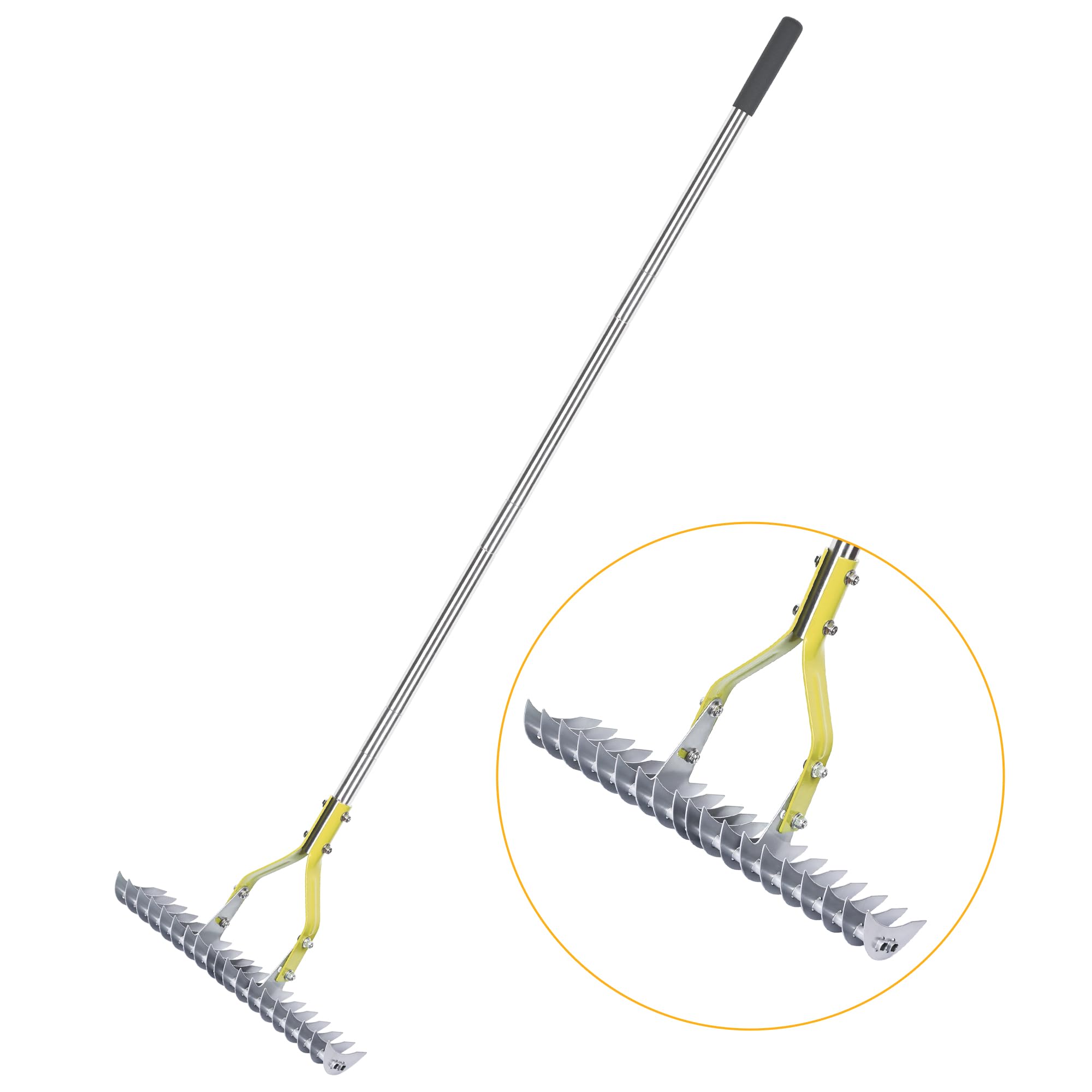 BARAYSTUS Thatch Rake Dethatcher - 15-Inch Wide Lawn Rake for Dead Grass Removal, Stainless Steel Adjustable Handle Garden Rake for Soil Loosening, Aeration & Thatching, 58.5-Inch Length