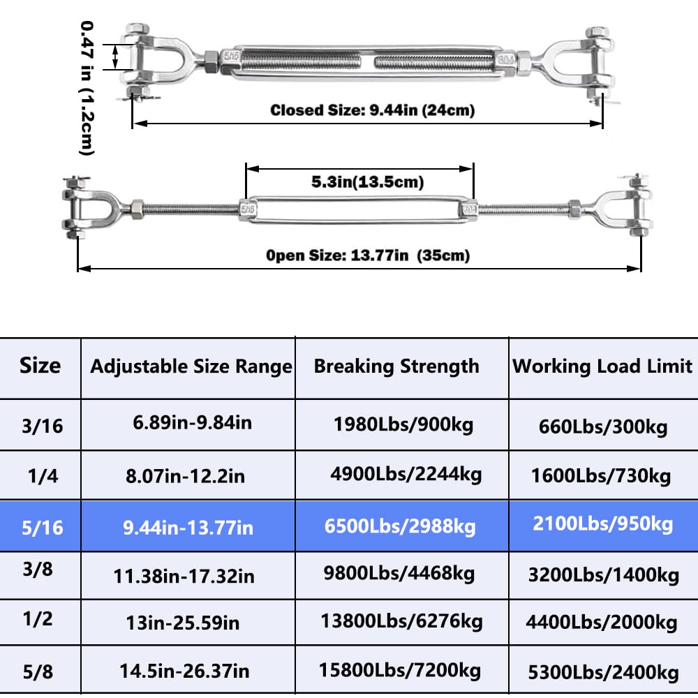 hannger 2 Pack Turnbuckle, 5/16 (M8) 304 Stainless Steel Turnbuckle for Cables Wire, 2100 lbs Working Load Limit, Jaw and Jaw Turnbuckles for Wire Tensioner, Shade Sail, Clothesline, Lights String