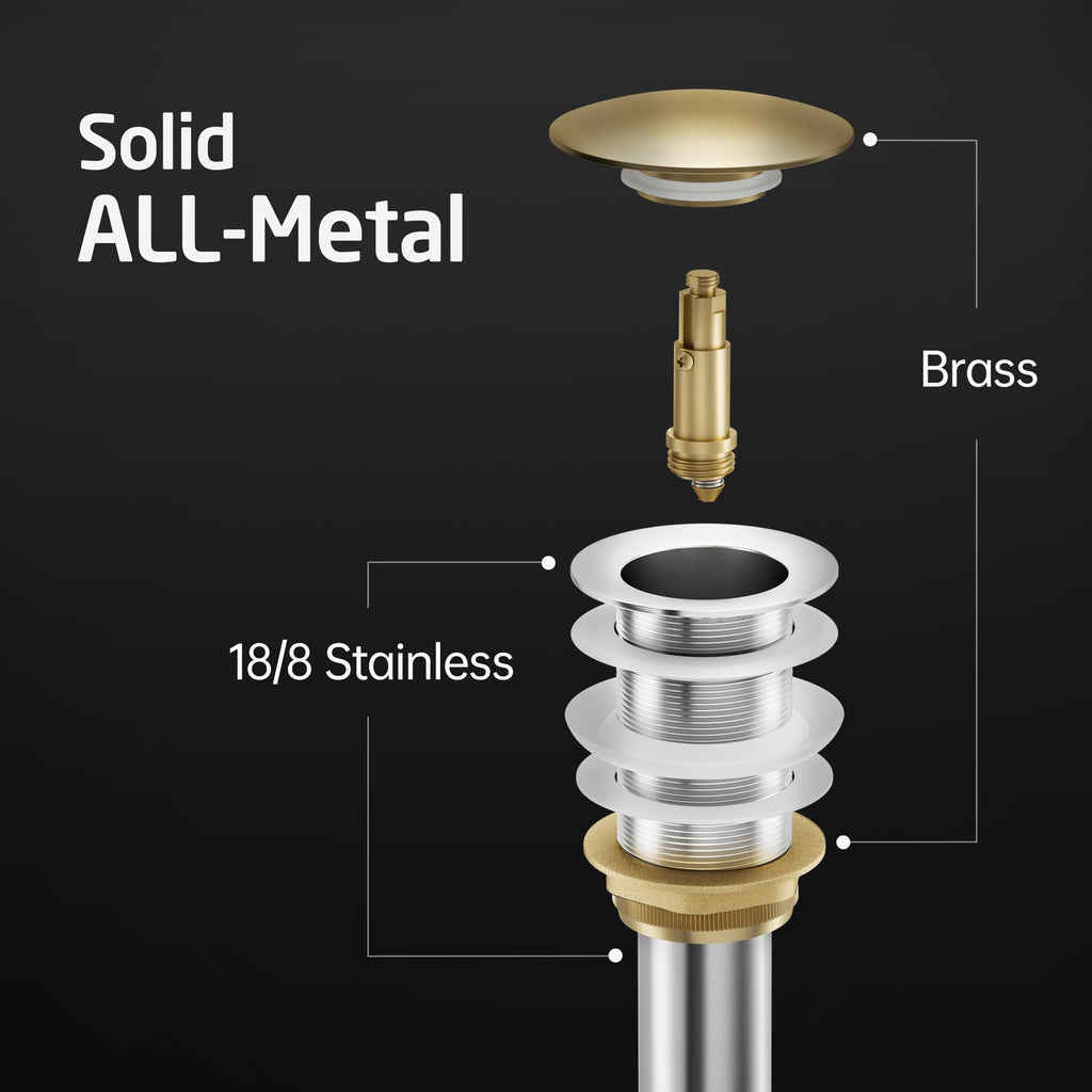 KES Bathroom Sink Drain Without Overflow, Brushed Nickel Pop Up Drain Vessel Vanity Sink Stopper 2 Pack, All Metal Rustproof Brass and 304 Stainless Steel, for 1.6"-1.9" Sink Hole, S2008D-BN-P2