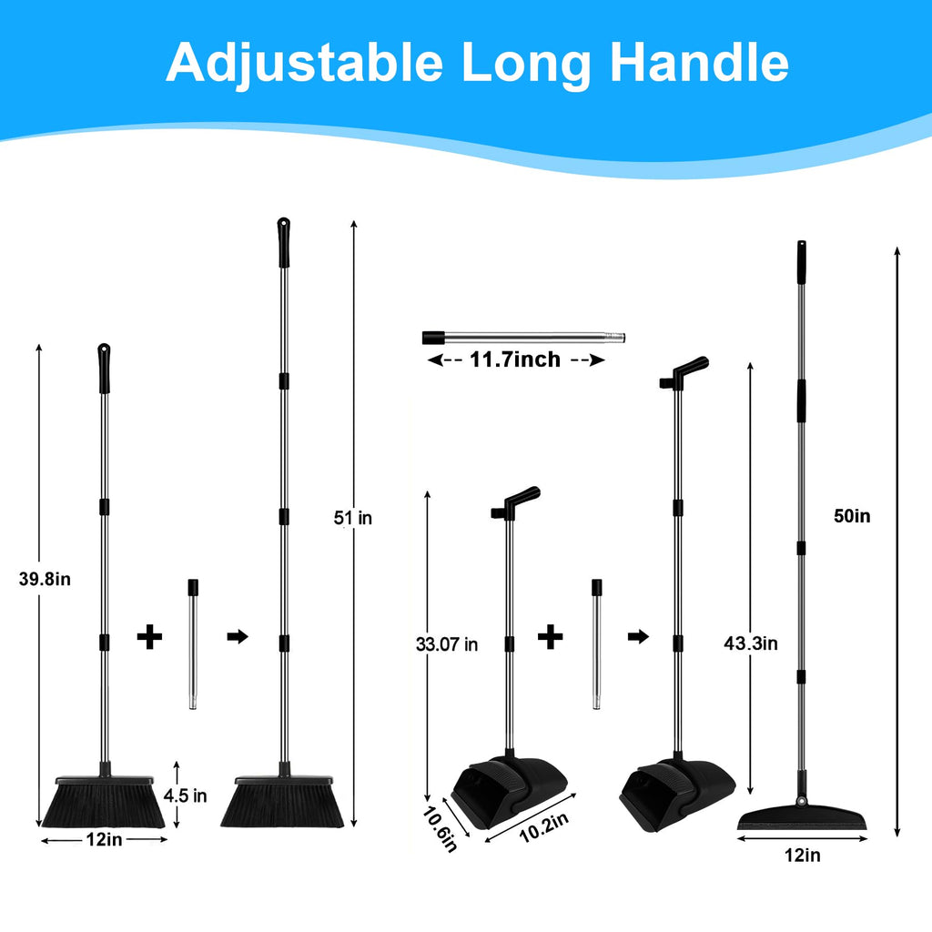 UDUK Broom with Dustpan Combo Set and Silicone Air Broom Kit, 51" Long Handle Floor Squeegee, Black Household Kit for Glass Window Rugs Pet Hair Home