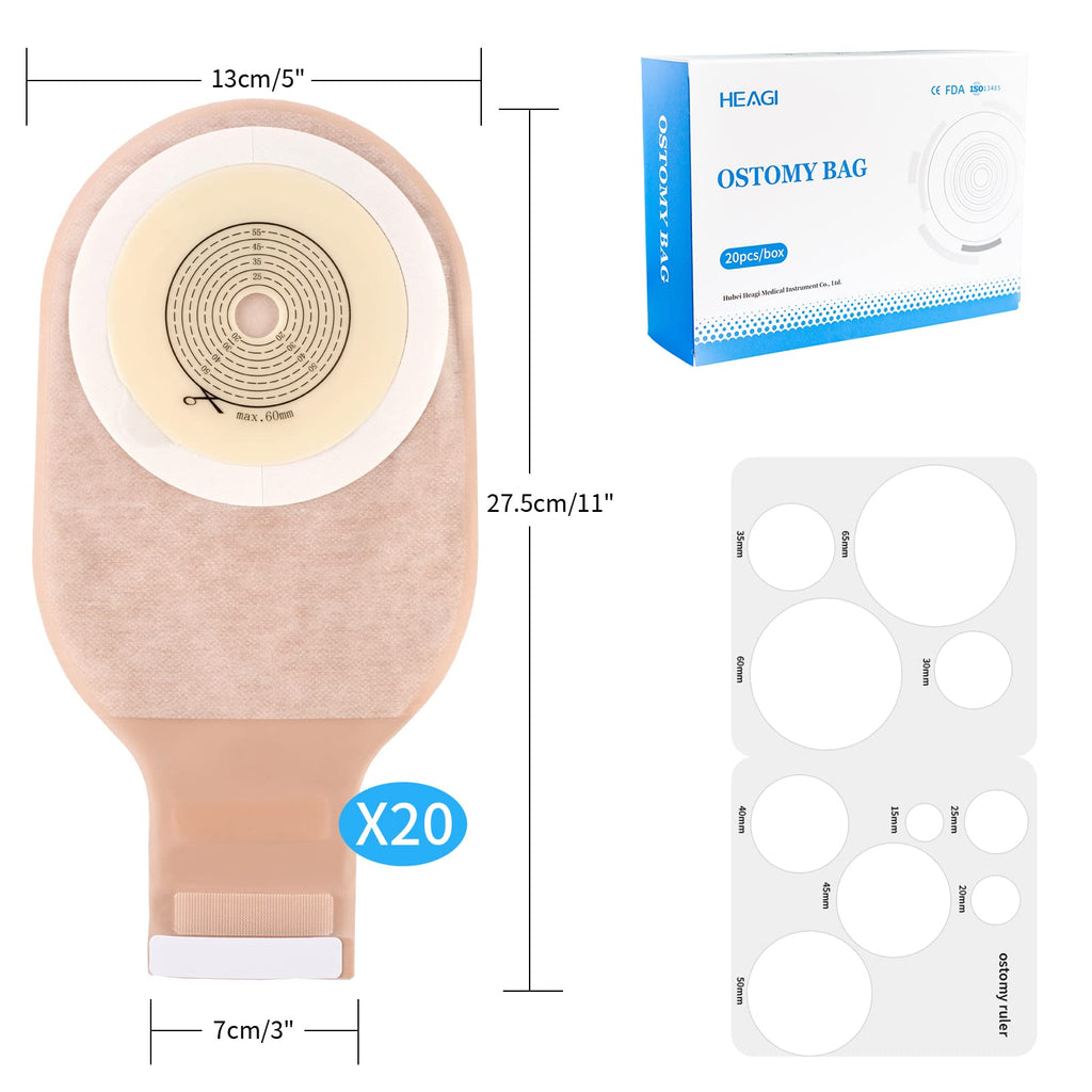 20 Pack Colostomy Bags, One Piece Ostomy Bag Ostomy Supplies, 15 mm-60 mm Cut to Fit Drainable Pouches with Closure for Ileostomy Stoma Care