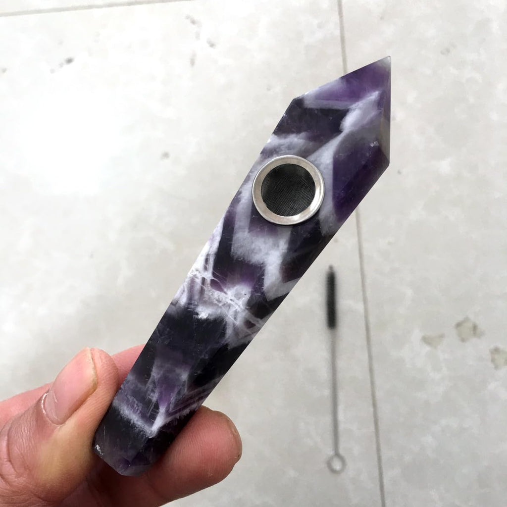 Natural Dream Amethyst Crystal Point Pipe with Metal Screen, Dream Amethyst Tower，Purple and White Multi-Color,crystal gift