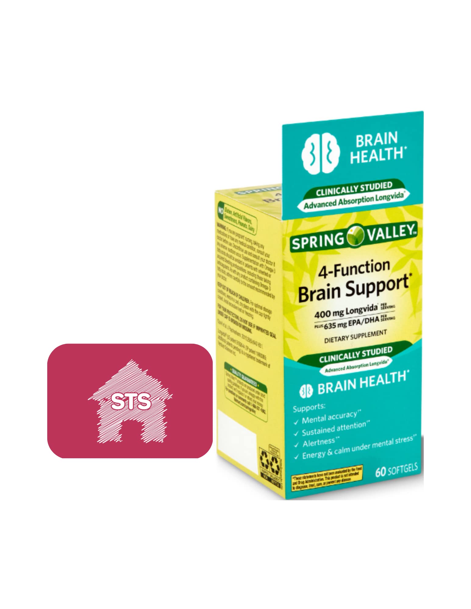 Spring Valley 4-Function Brain Support, 60 Count + STS Sticker.