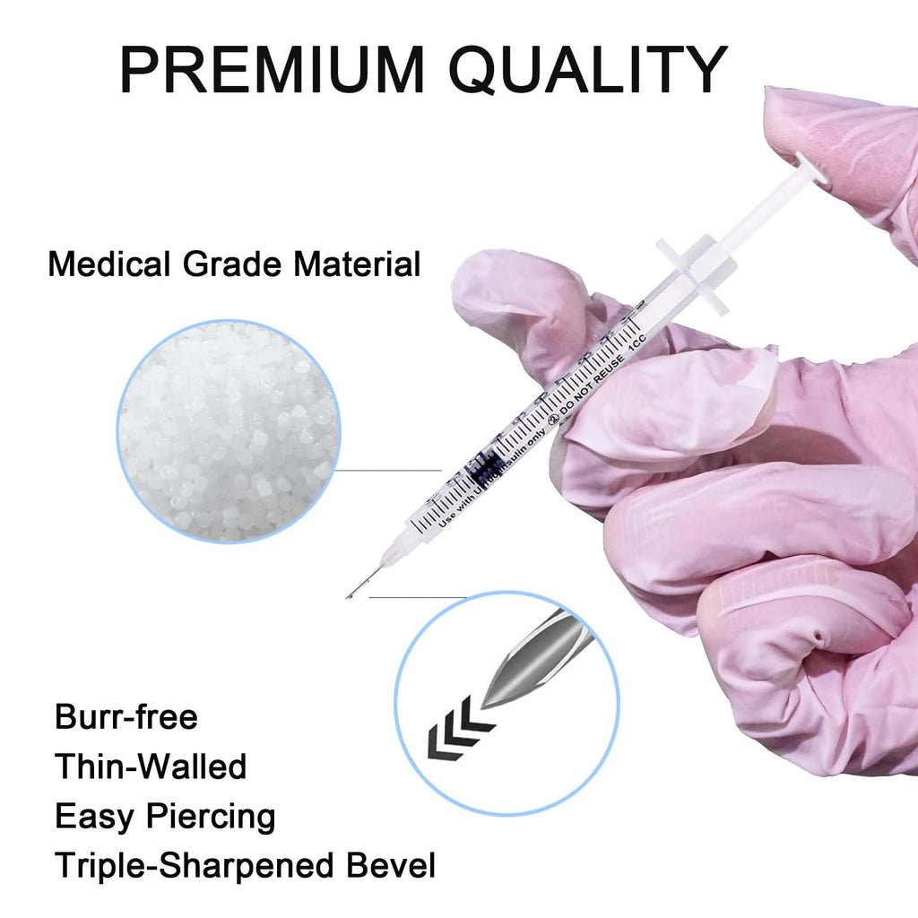 U-100 Syringes with Needle - 30G 5/16" (8mm) 1ml/cc Disposable Syringe, Individual Wrapped, 30PACK