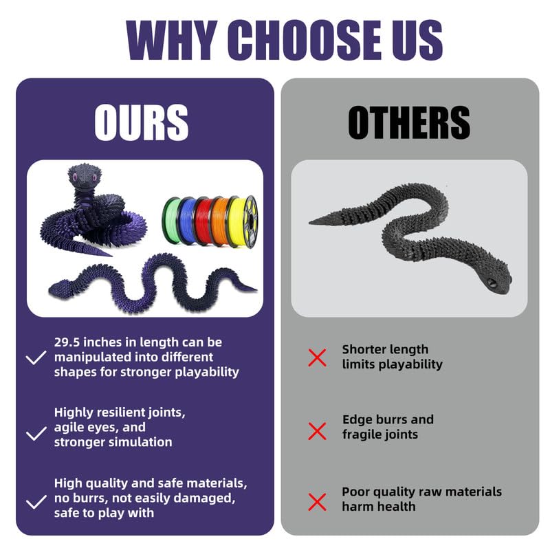 30 Inch 3D Printed Snake - Movable Articulated Snake, Perfect 3D Printed Animals for Educational Toys! Must-Have Toys for Kids and Collectors, Home Office Executive Desk Decor (Black Purple)