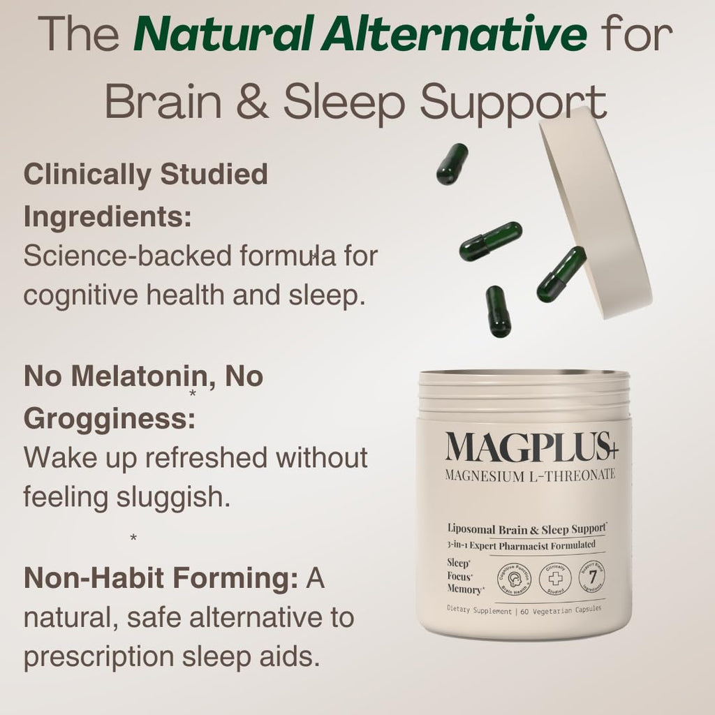 MAGPLUS+ Magnesium L-Threonate w Apigenin & L Theanine | 7-Ingredient Sleep Blend | Brain, Memory, & Sleep Support | Liposomal Magnesium Threonate Supplement (60 Capsules)