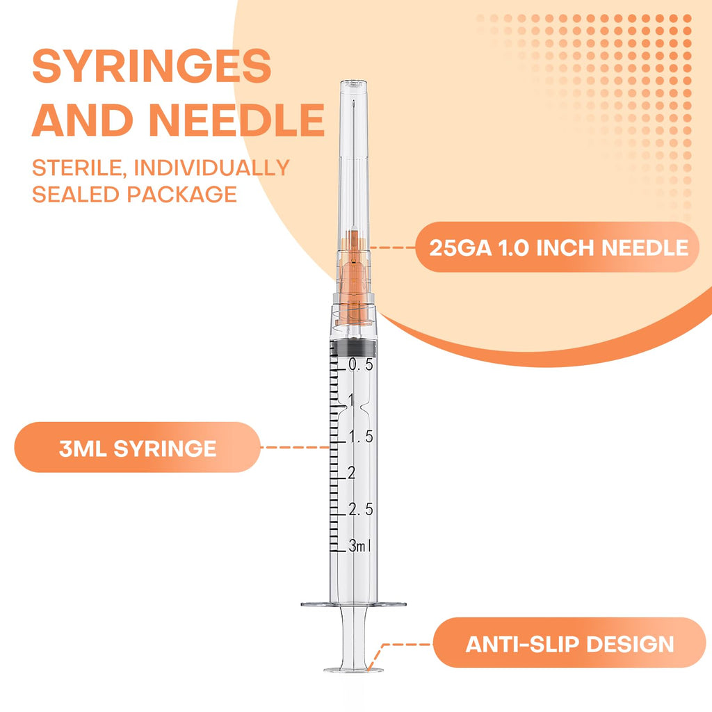 25Pcs 3ml Luer Lock Syringes with 25G 1" Needles, Individually Wrapped