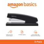 Amazon Basics Desktop Office Stapler, Lightweight, 25 Sheet Capacity, Non-Slip, Black, 3-Pack with 1000 Staples