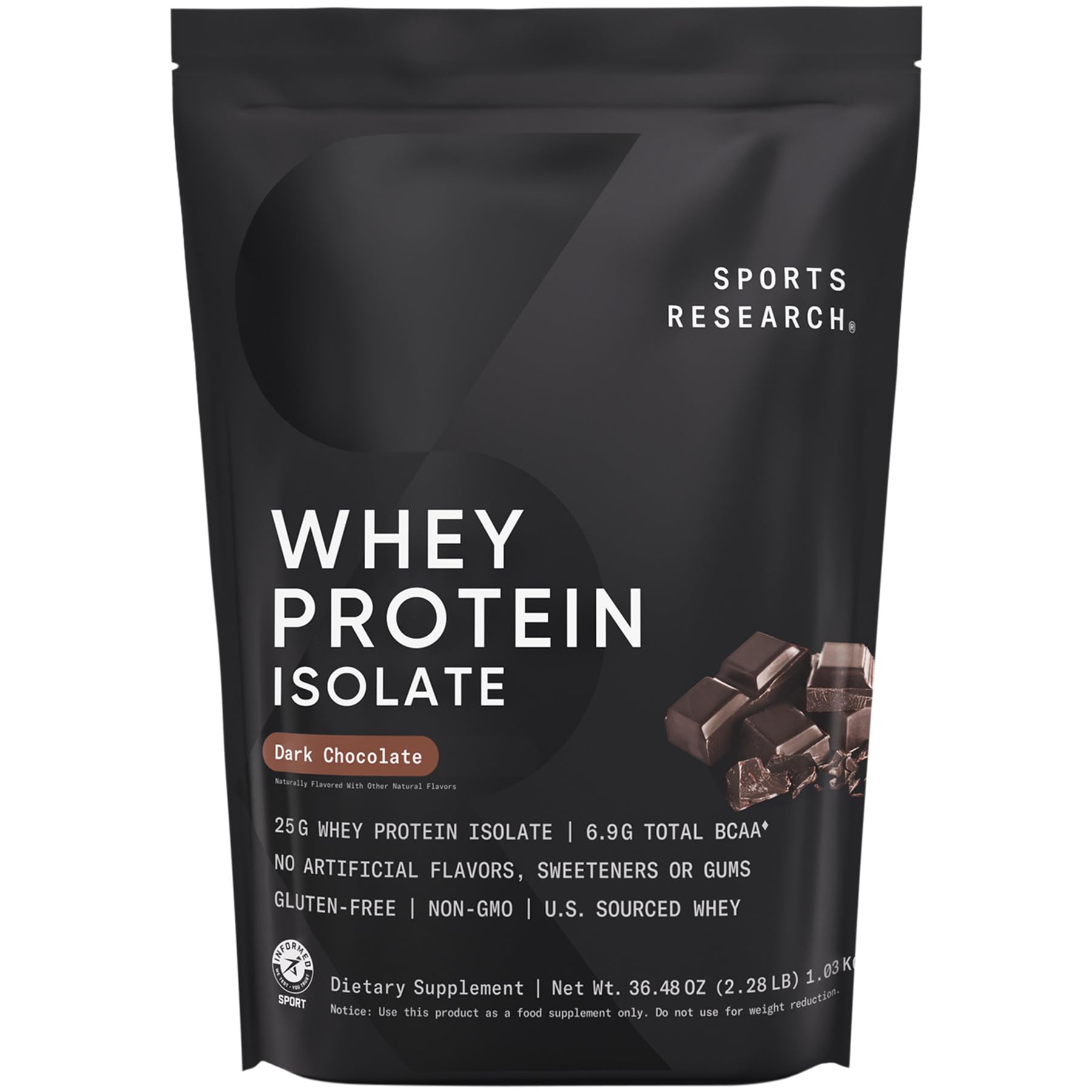 Sports Research® 100% Whey Protein Isolate Dark Chocolate - U.S. Sourced Protein Powder w/BCAAs - No Artificial Flavors or Gums- Informed Sport Tested · Gluten Free - 2lb Bulk Bag, 25 Servings