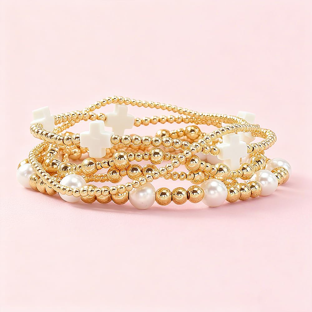 Dainty 14K Gold Beaded Cross Bracelet Stack for Women,Bohemian Stretch Pearl Gold Plated Ball Beads Non Tarnish Stackable Bracelets Set Fashion Prom Holiday Accessories Jewelry Gift Friendship