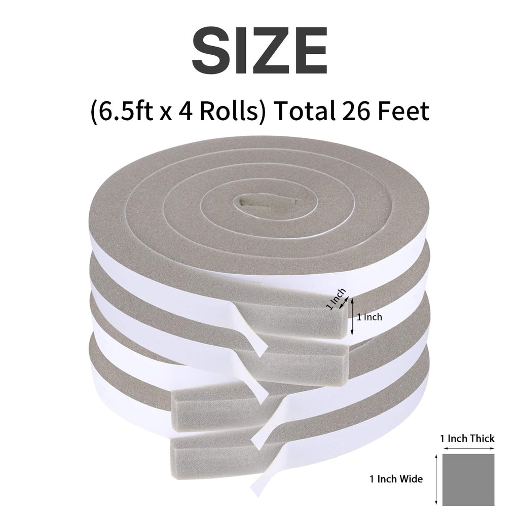 Futuwi Weather Stripping Door Seal 1 Inch W X 1 Inch T, Open Cell Foam Insulation Air Conditioner Window Seal, Total Length 26 Feet (6.5ft x 4 Rolls)