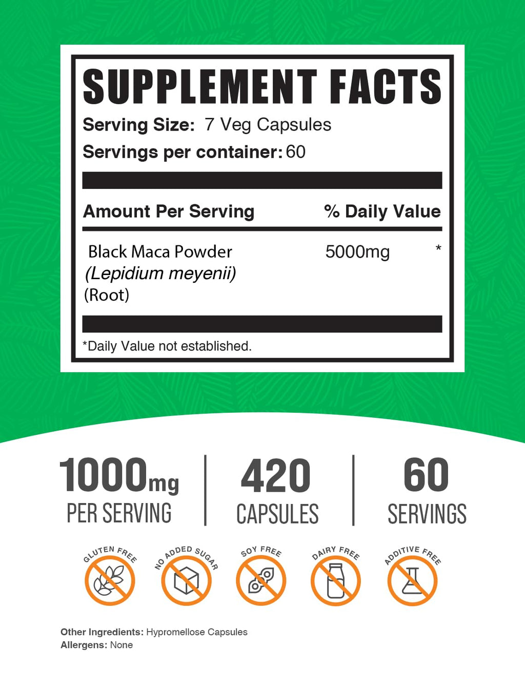 BulkSupplements.com Black Maca Root Capsules - Black Maca Supplement, Black Maca Root 5000mg, Black Maca Capsules - Gluten Free, 7 Capsules per Serving 420 Veg Capsules (Pack of 1)